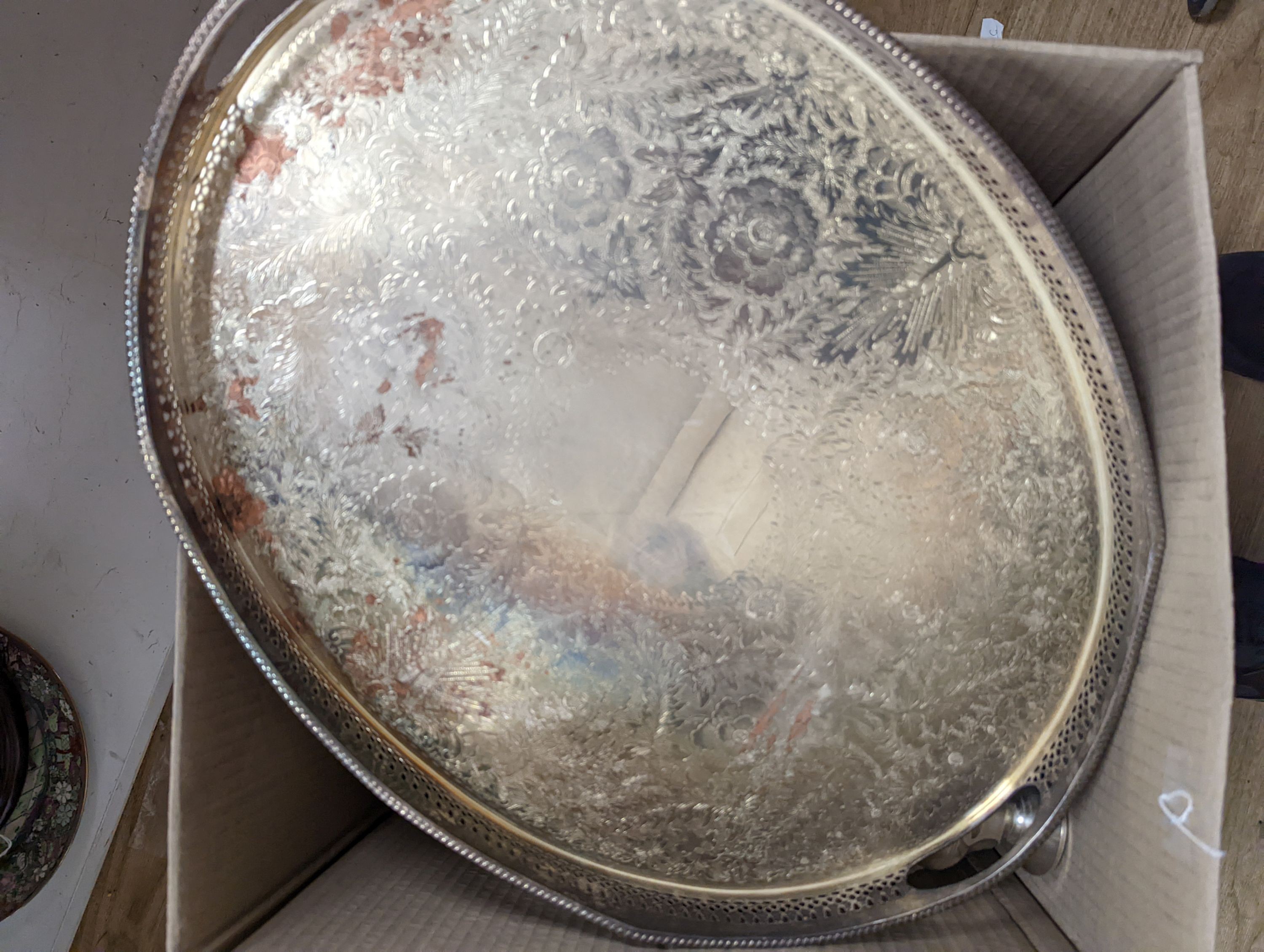 A 3 piece plated tea set, candelabra, tray and mixed silver plate